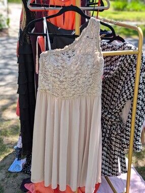 David's Bridal Lace Bodice One-Shoulder Dress in Blush